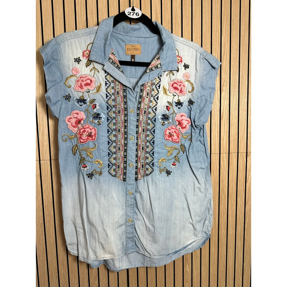276 Driftwood Detty Embroidered Denim Shirt Light Wash Floral Boho (XL, EUC)